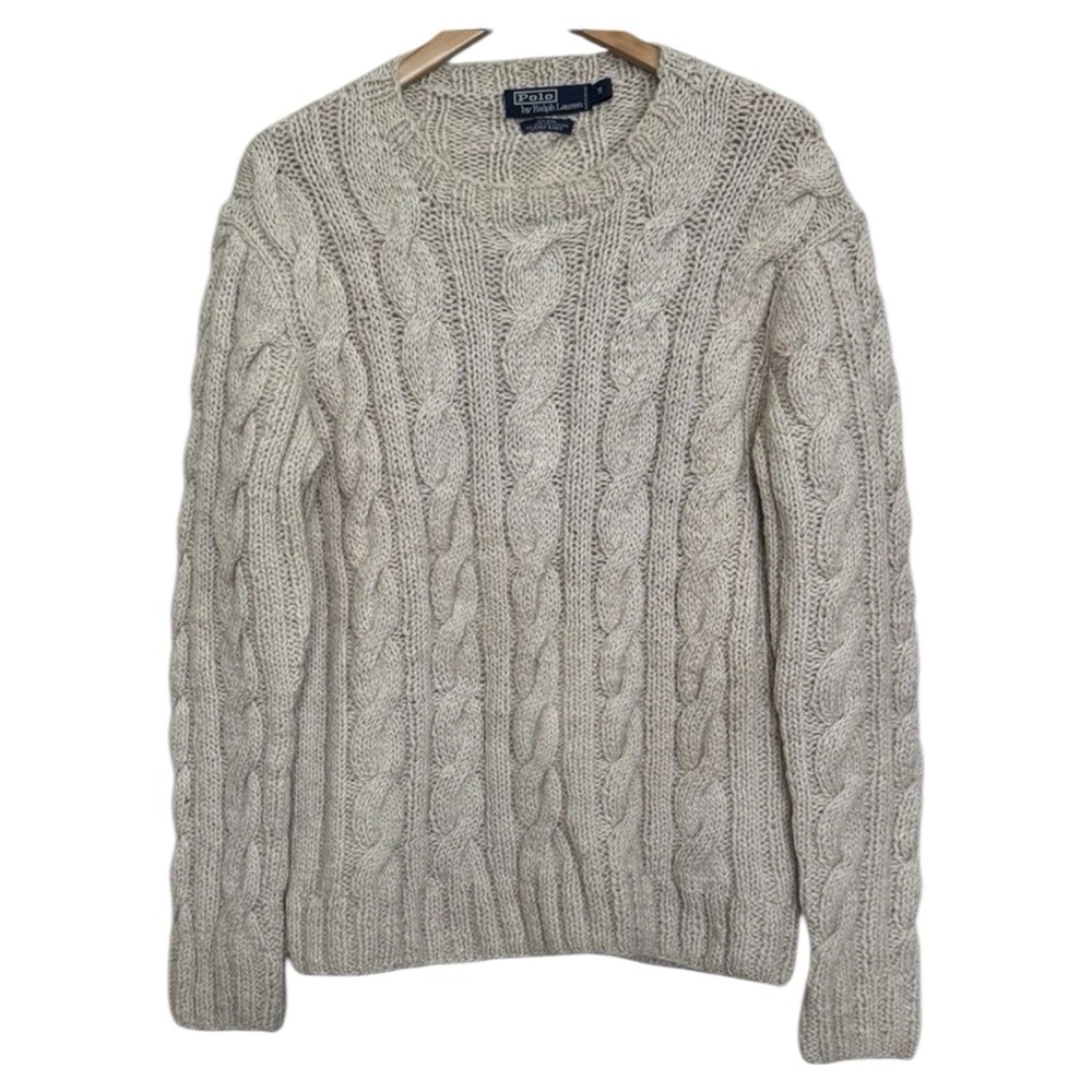VTG Polo Ralph Lauren Wool Blend Hand Knit Fisherman Cable Sweater Medium Cream